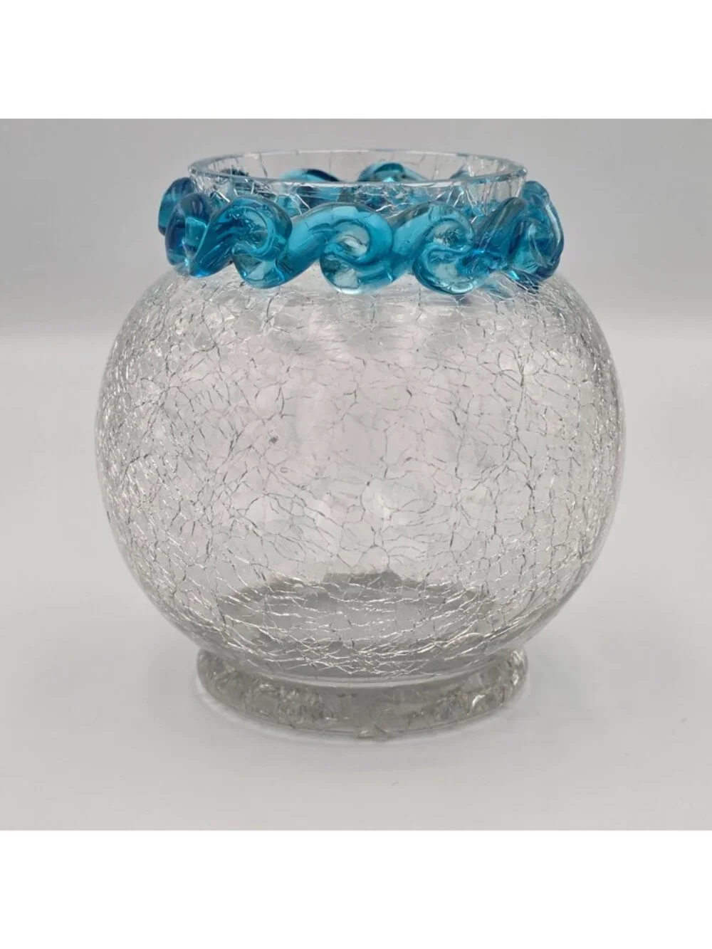 Hand-Blown Crackle Glass Small Vase Blue Swirl Rim 4